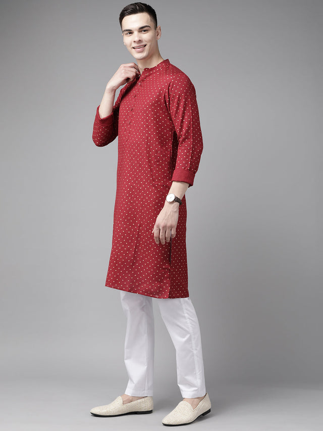 Buy Men's Maroon Cotton Printed Straight Kurta Online - Front