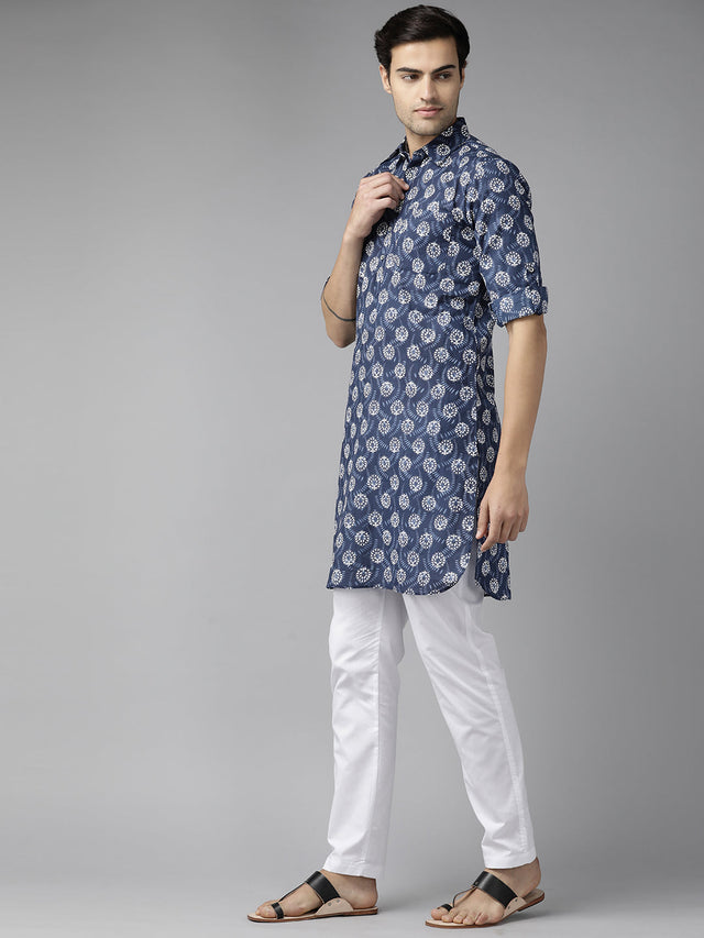 Buy Men's Indigo Pure Cotton Printed Pathani Set Online - Front