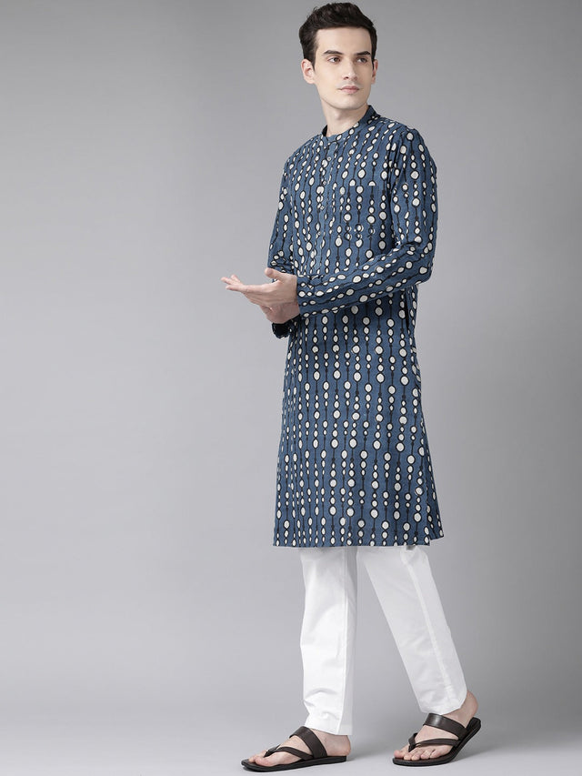 Buy Men's Blue Cotton Printed Kurta Pajama Set Online - Front