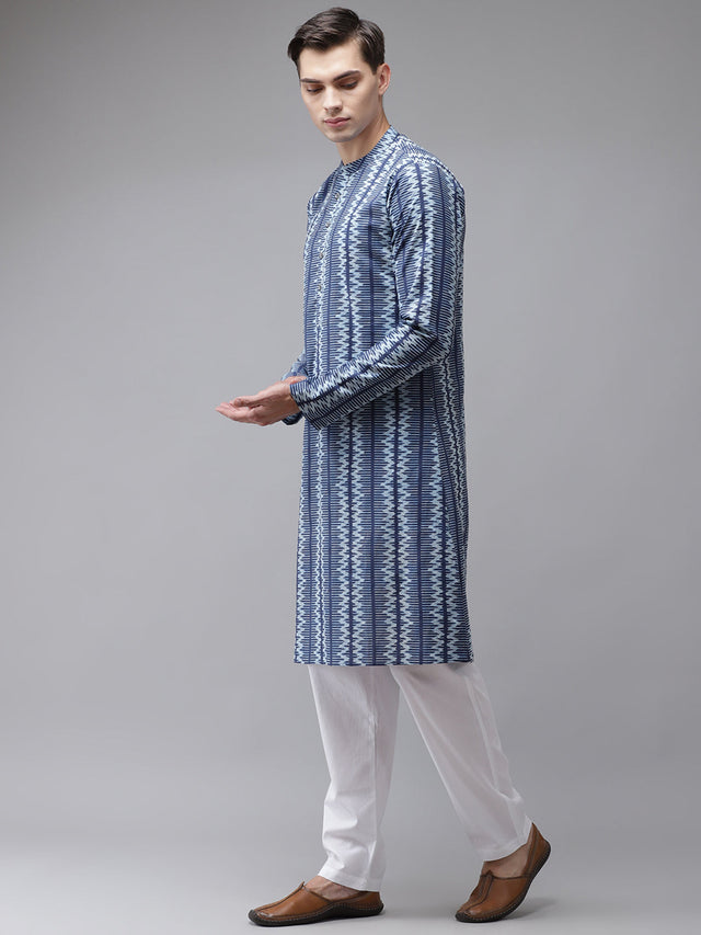 Buy Men's Blue Cotton Printed Straight Kurta Online - Front