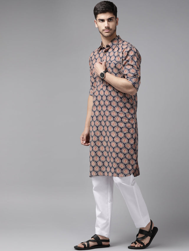 Buy Men's Blue Pure Cotton Motif Printed Pathani Set Online - Front