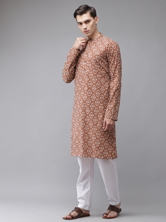 Buy Men's Beige Cotton Printed Straight Kurta Online - Front