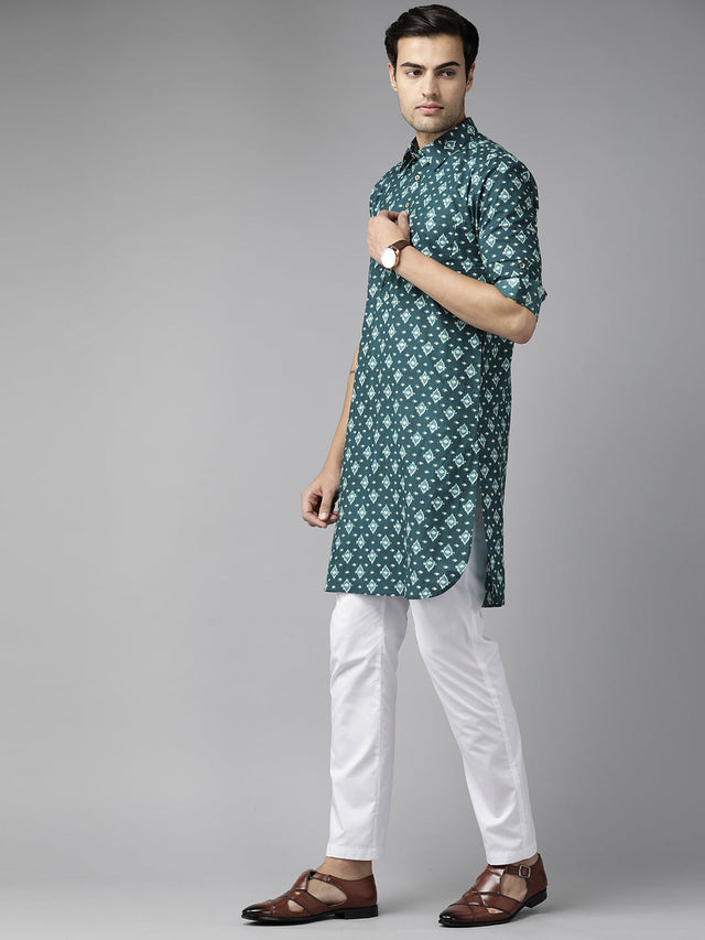 Buy Men's Teal Blue Pure Cotton Printed Pathani Set Online - Front