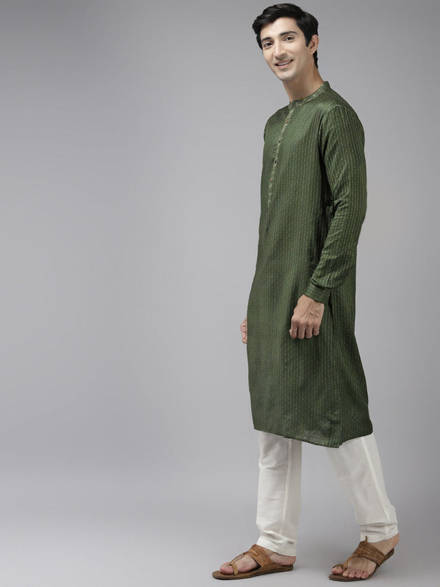 Buy Men's Green Cotton Woven Thread Work Straight Kurta Online - Front