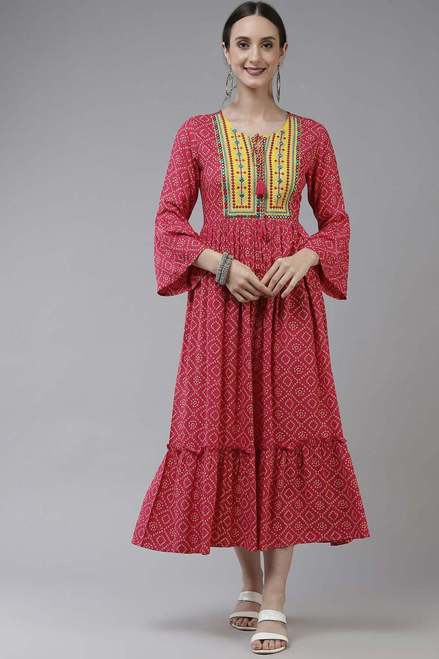 Pink Viscose Rayon Embroidery Dress