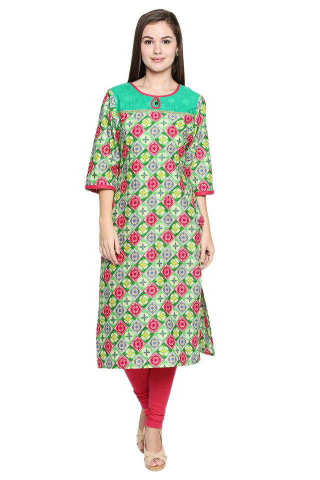 Blended Cotton Kurti Top In Green