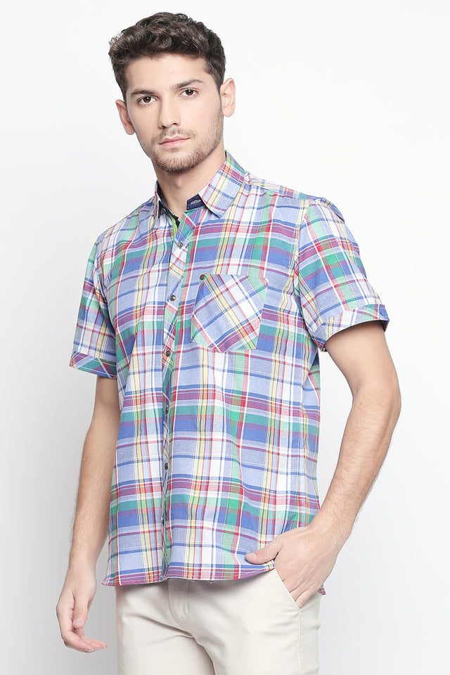 Men's Blended Cotton Shirt In Blue And White And Red