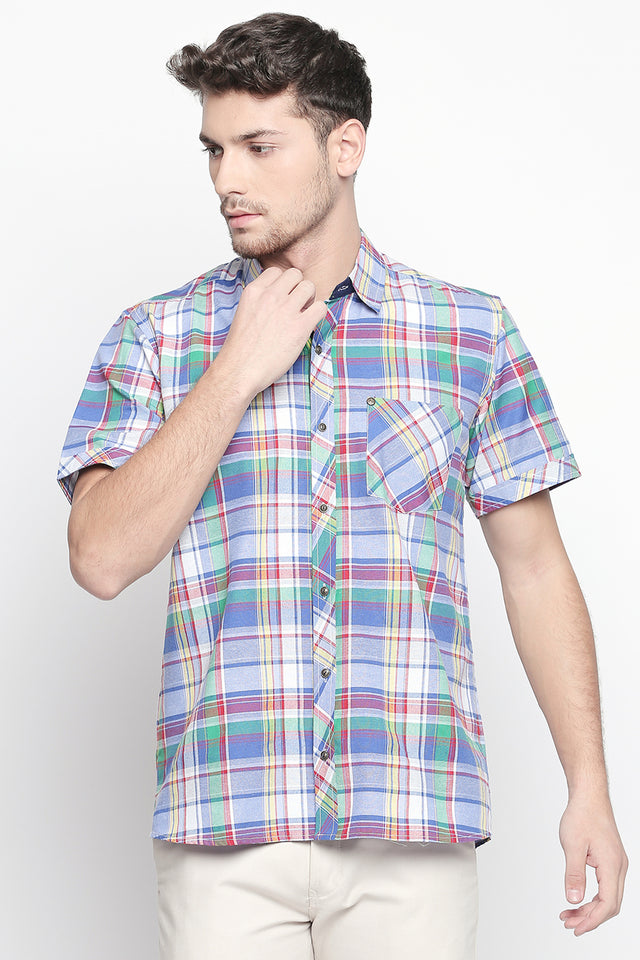 Men's Blended Cotton Shirt In Blue And White And Red