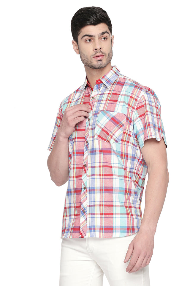 Men's Blended Cotton Shirt In Red And Green (540356)