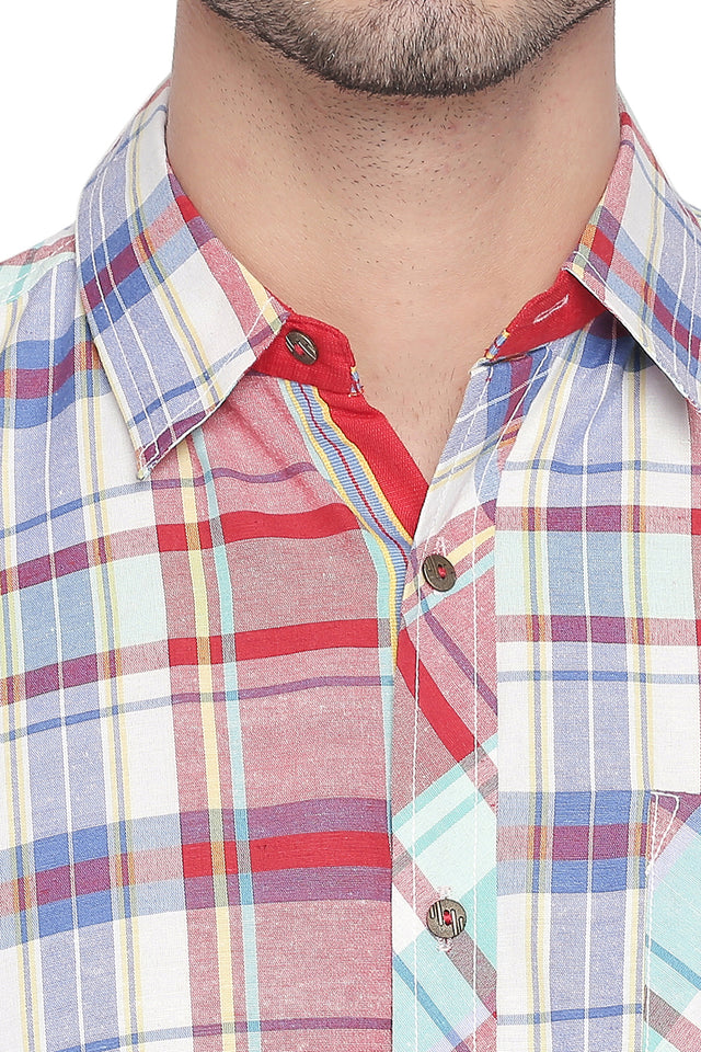 Men's Blended Cotton Shirt In Red And Green (540356)