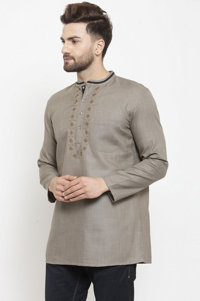 Buy Men's Embroidery Short Kurta in Grey