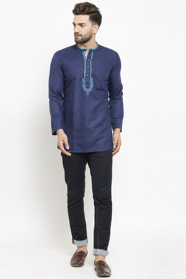 Men's Blended Cotton Short Kurta Top In Blue