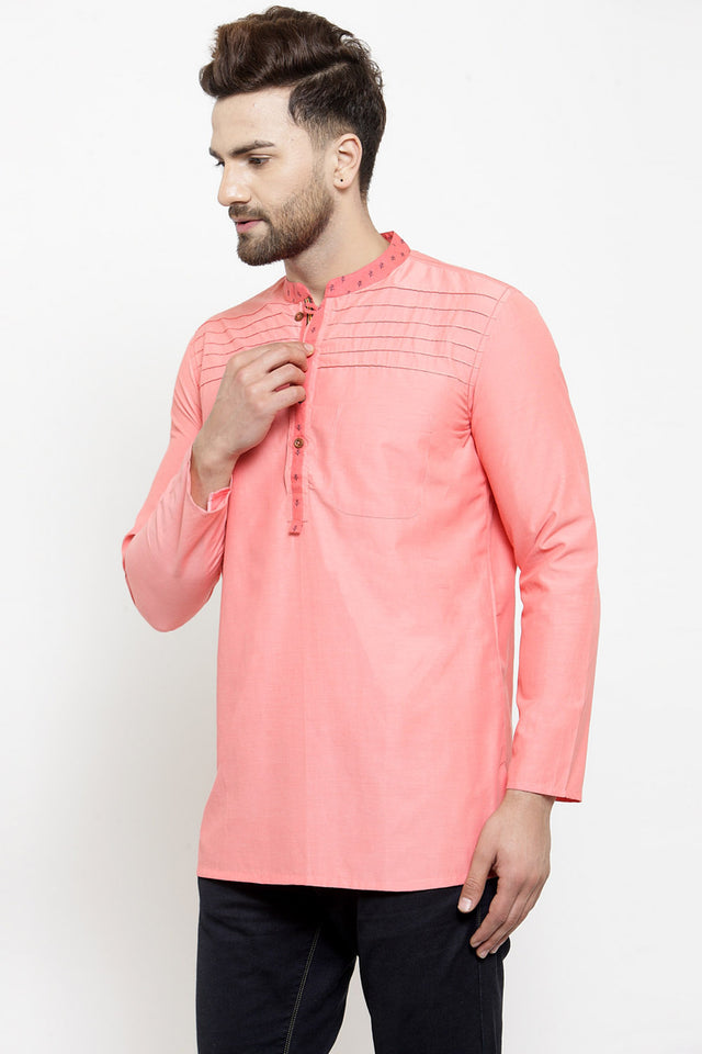 Men's Blended Cotton Short Kurta Top In Peach