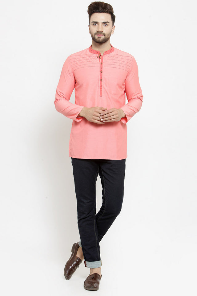 Men's Blended Cotton Short Kurta Top In Peach