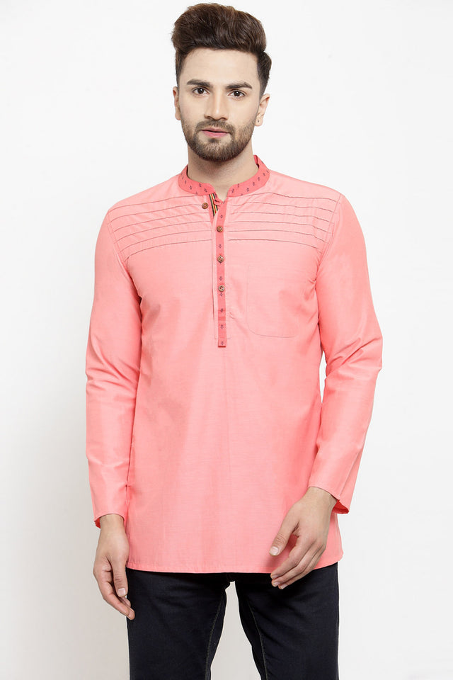 Men's Blended Cotton Short Kurta Top In Peach
