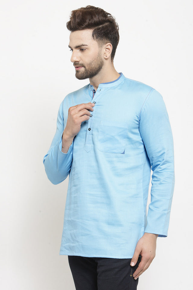 Men's Blended Cotton Short Kurta Top In Sky Blue