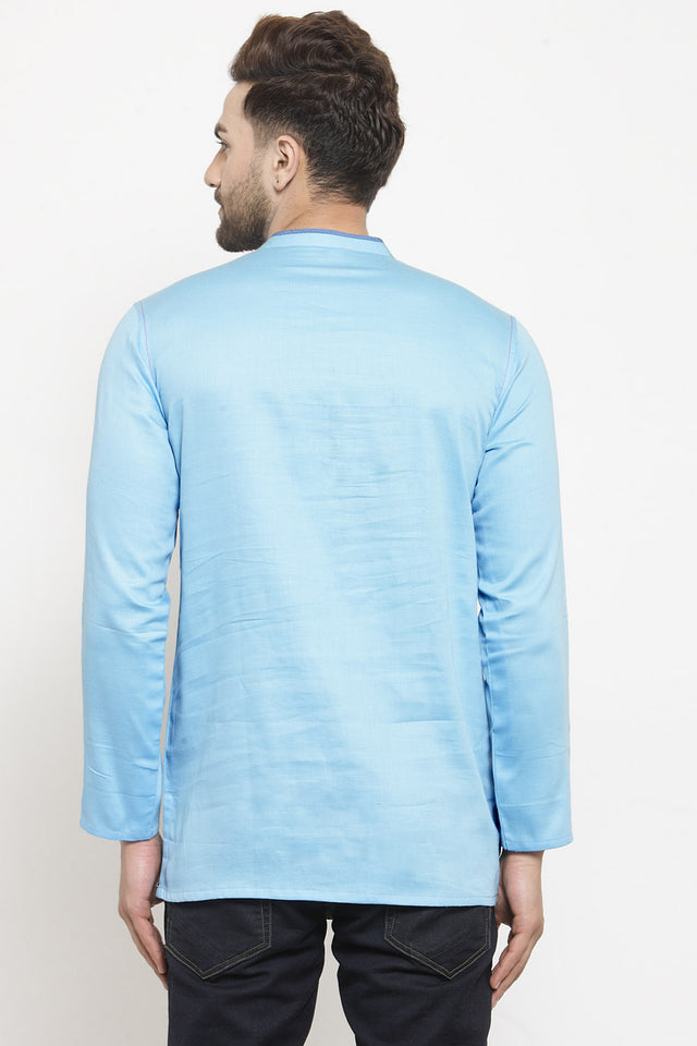 Men's Blended Cotton Short Kurta Top In Sky Blue