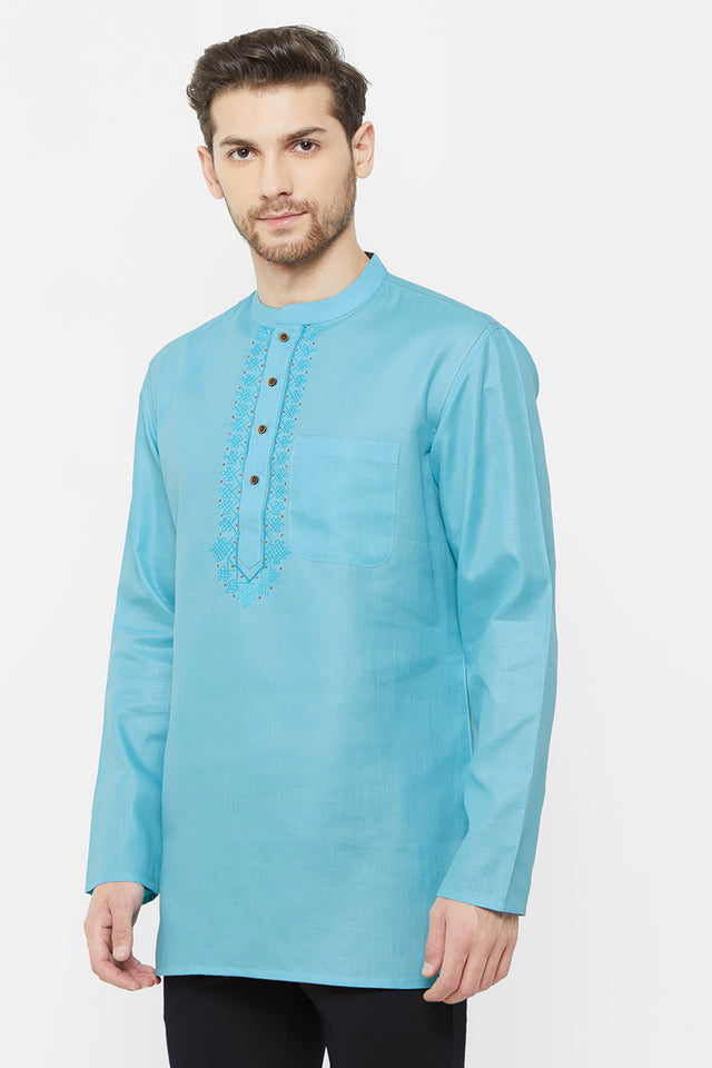 Men's Blended Cotton Short Kurta In Sky Blue (540381)