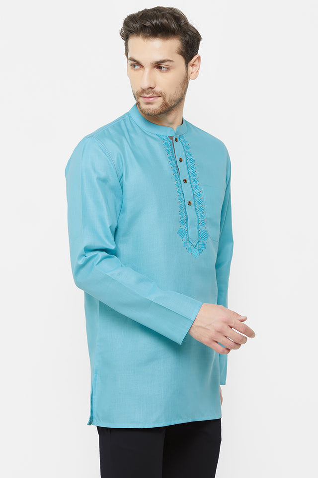 Men's Blended Cotton Short Kurta In Sky Blue (540381)