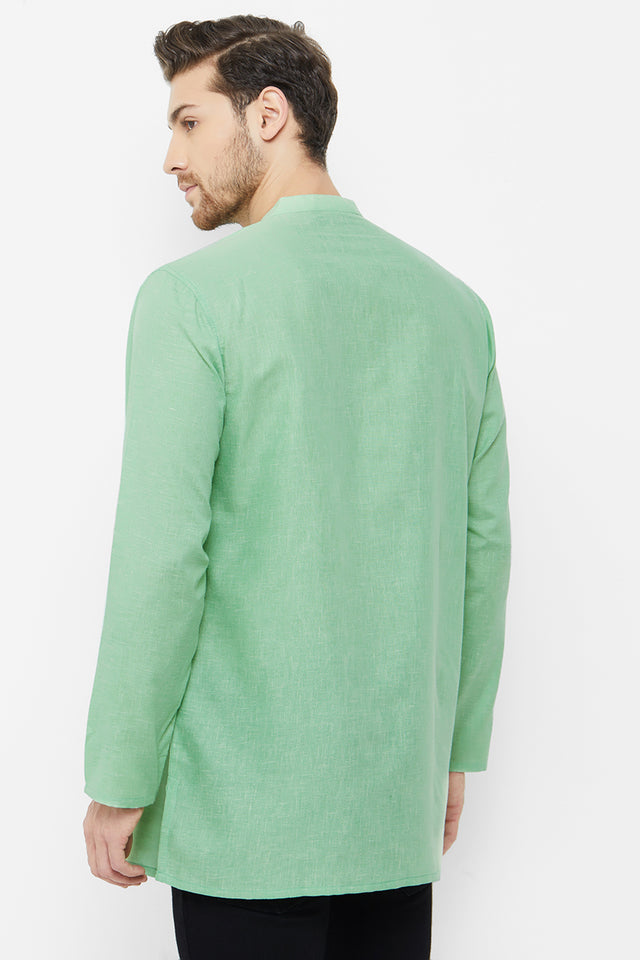 Men's Blended Cotton Short Kurta Top In Green