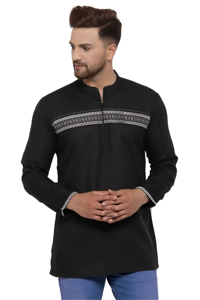 Buy Men's Poly Cotton Solid Short Kurta in Black