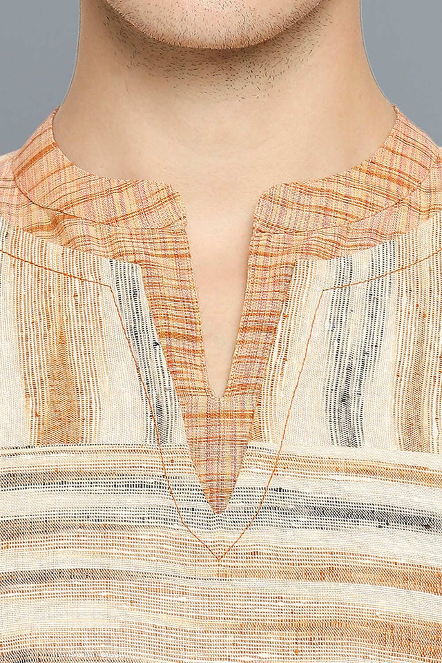 Men's Beige Cotton Handloom Full Sleeves Short Kurta