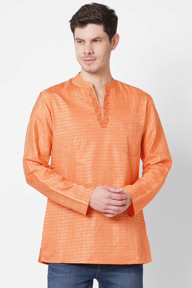 Men's Saffron Weave Embroidery Short Kurta