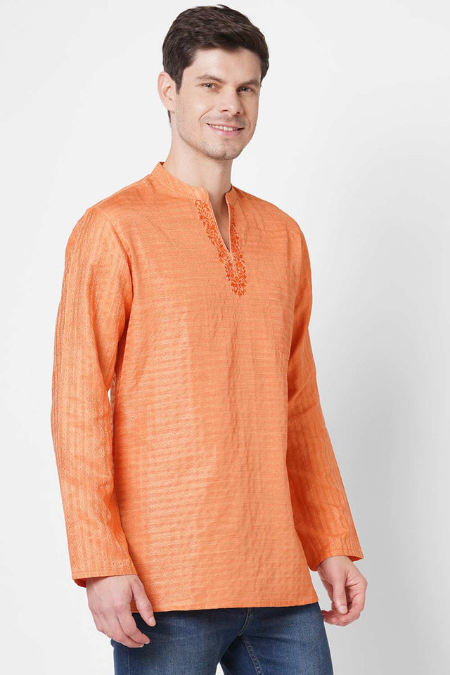 Men's Saffron Weave Embroidery Short Kurta