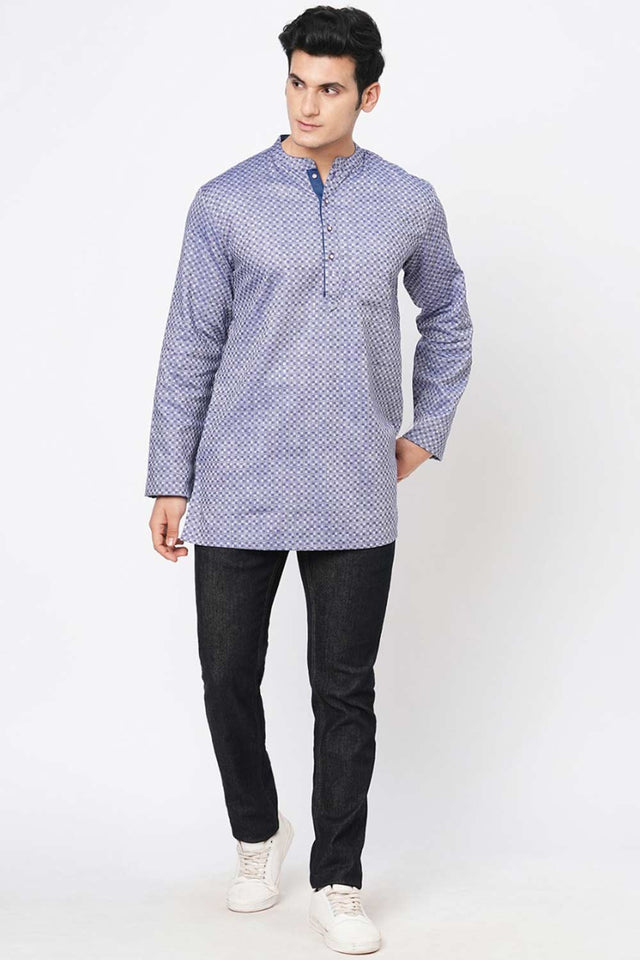 Men's Blue And Grey Cotton Checks Short Kurta