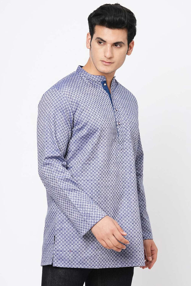 Men's Blue And Grey Cotton Checks Short Kurta