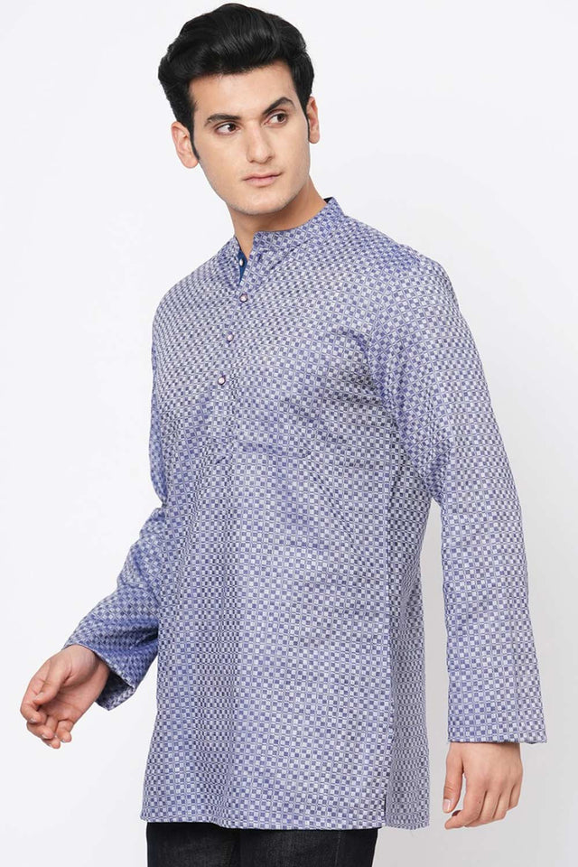 Men's Blue And Grey Cotton Checks Short Kurta