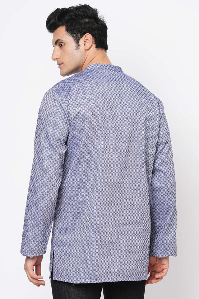 Men's Blue And Grey Cotton Checks Short Kurta