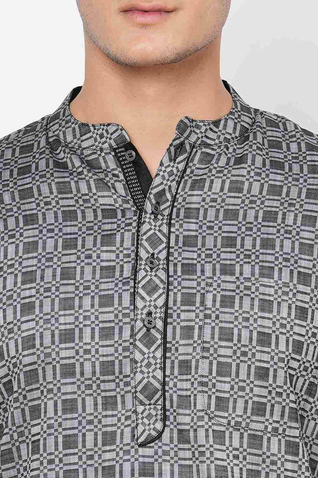 Men's Black And Grey Cotton Checks Short Kurta