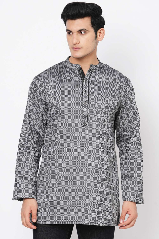 Men's Black And Grey Cotton Checks Short Kurta
