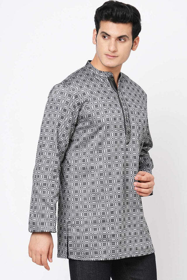 Men's Black And Grey Cotton Checks Short Kurta