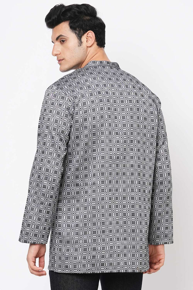 Men's Black And Grey Cotton Checks Short Kurta