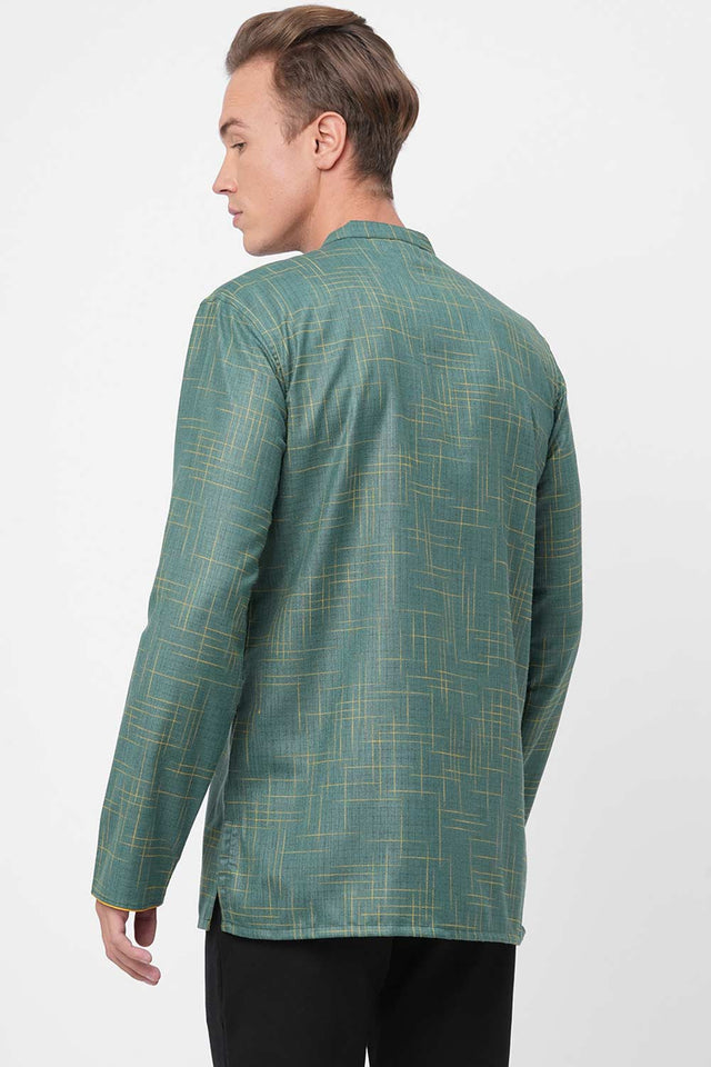 Men's Green And Yellow Checks Short Kurta
