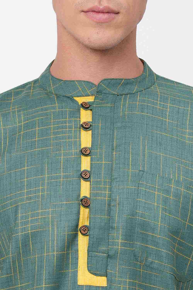 Men's Green And Yellow Checks Short Kurta