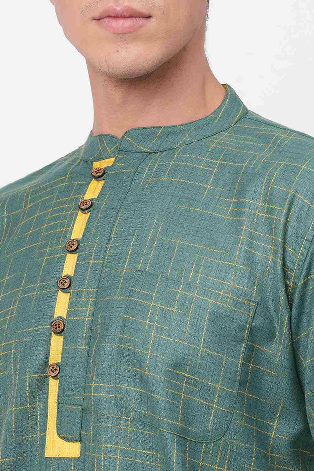 Men's Green And Yellow Checks Short Kurta
