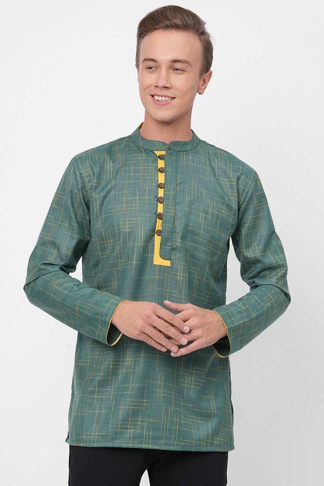 Men's Green And Yellow Checks Short Kurta