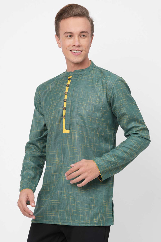 Men's Green And Yellow Checks Short Kurta