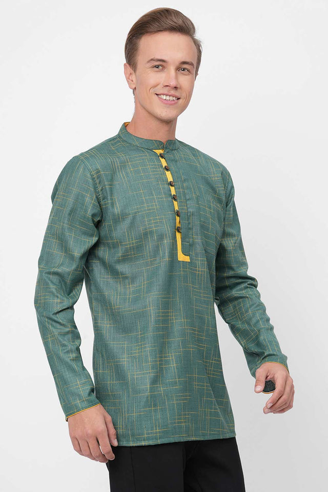 Men's Green And Yellow Checks Short Kurta