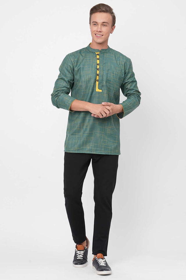 Men's Green And Yellow Checks Short Kurta