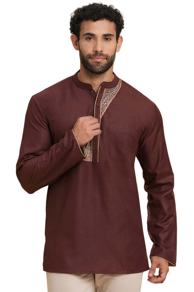 Men's Brown Poly Cotton Plain Solid Short Kurta