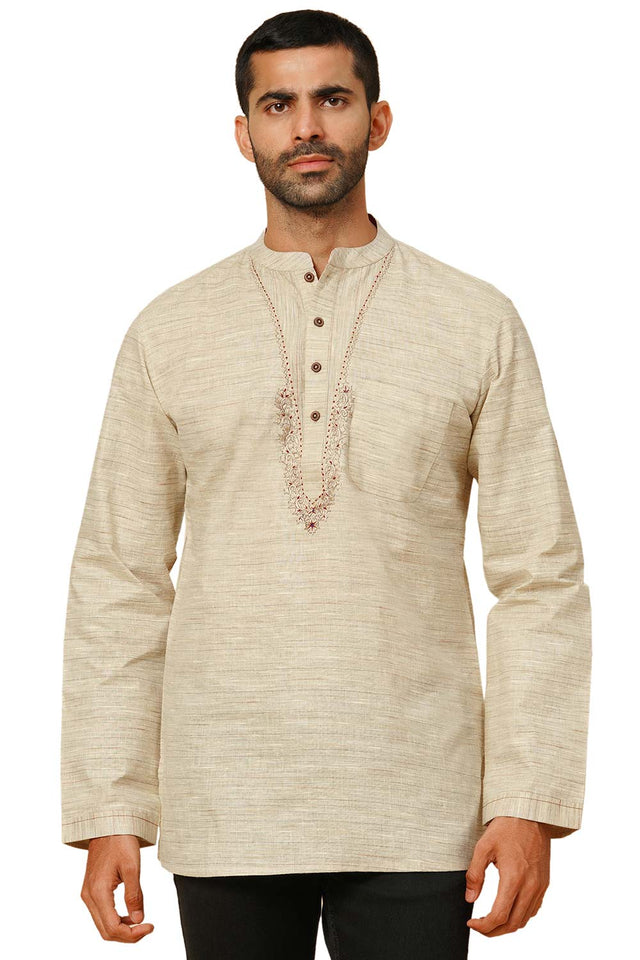 Men's Beige Poly Cotton Plain Short Kurta