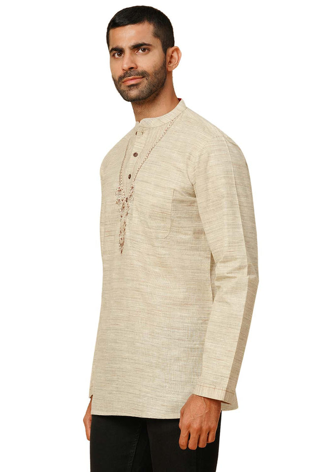 Men's Beige Poly Cotton Plain Short Kurta