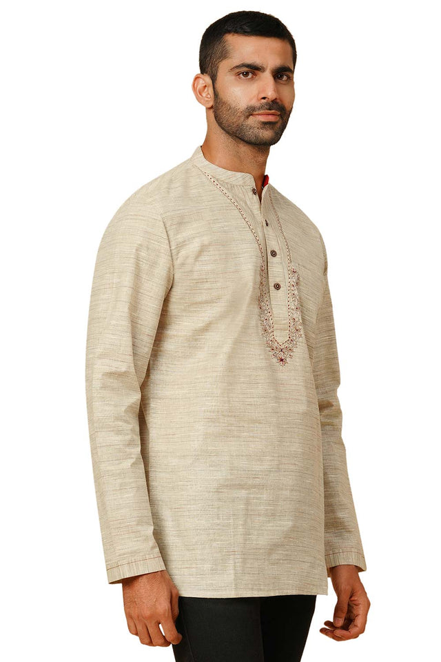 Men's Beige Poly Cotton Plain Short Kurta