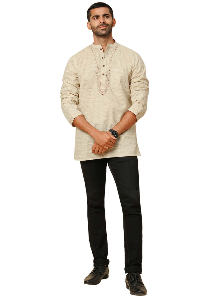 Men's Beige Poly Cotton Plain Short Kurta