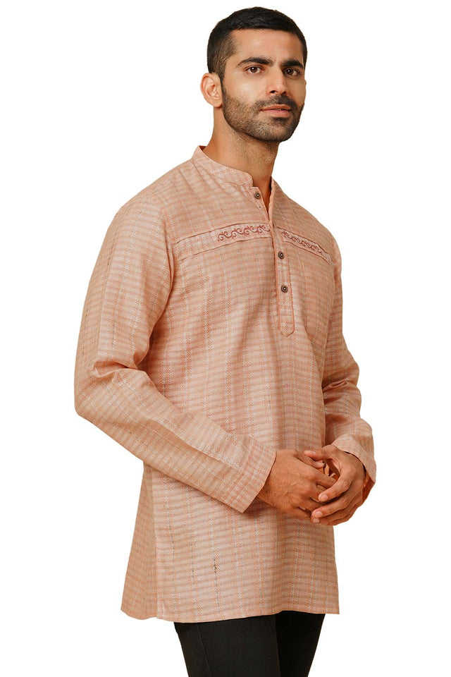 Men's Peach Cotton Embroidery Short Kurta
