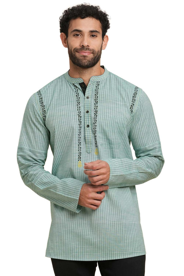 Men's Blue Cotton Checks Short Kurta